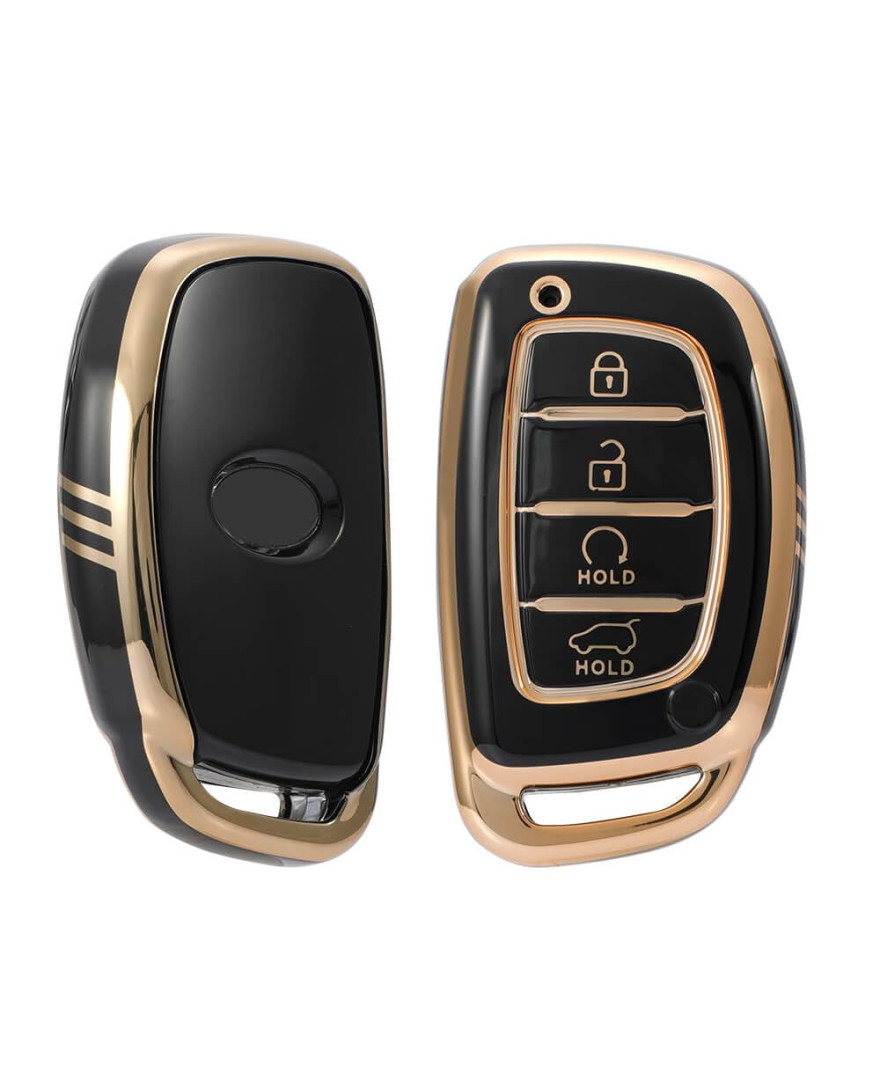 Keycare TPU Key Cover Compatible for Alcazar and Creta 2021 4 Button Smart Key | TP67 Gold Black